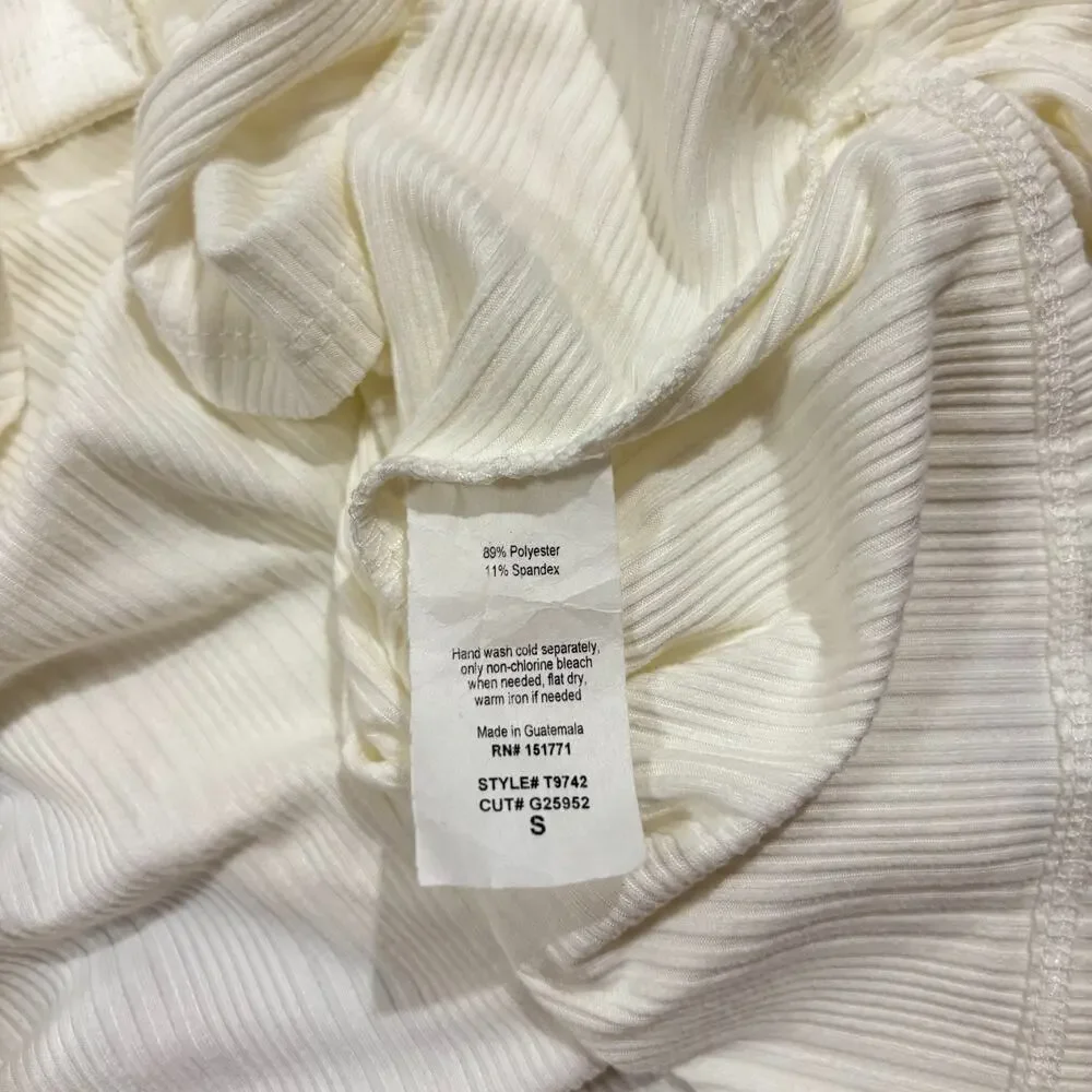 Heatherly Ribbed Ruched Button-Front Collared Top Ivory Small - Picture 4 of 6